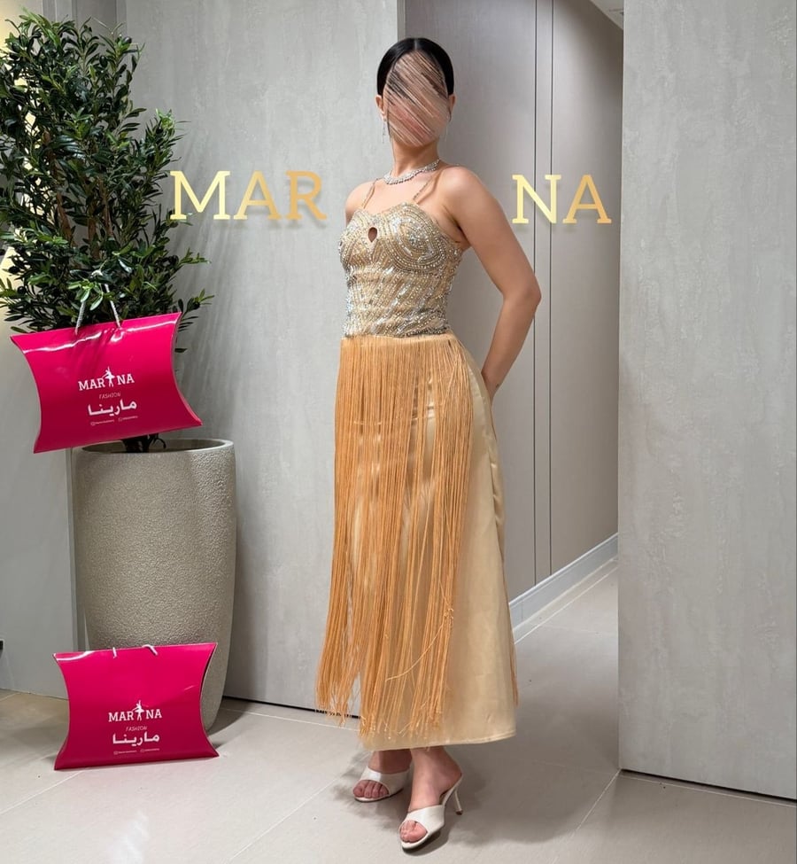 Juliana's dress (gold dress, bodice with hand-embroidered crystals and fringe)