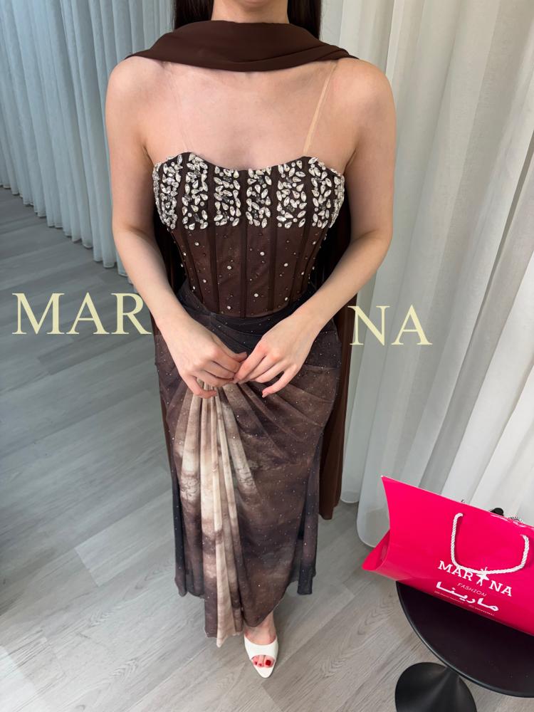فستان سيليا (فستان صدريه تطريز يدوي كرستال الاصلي استرتش مموج وشال جورجيت )