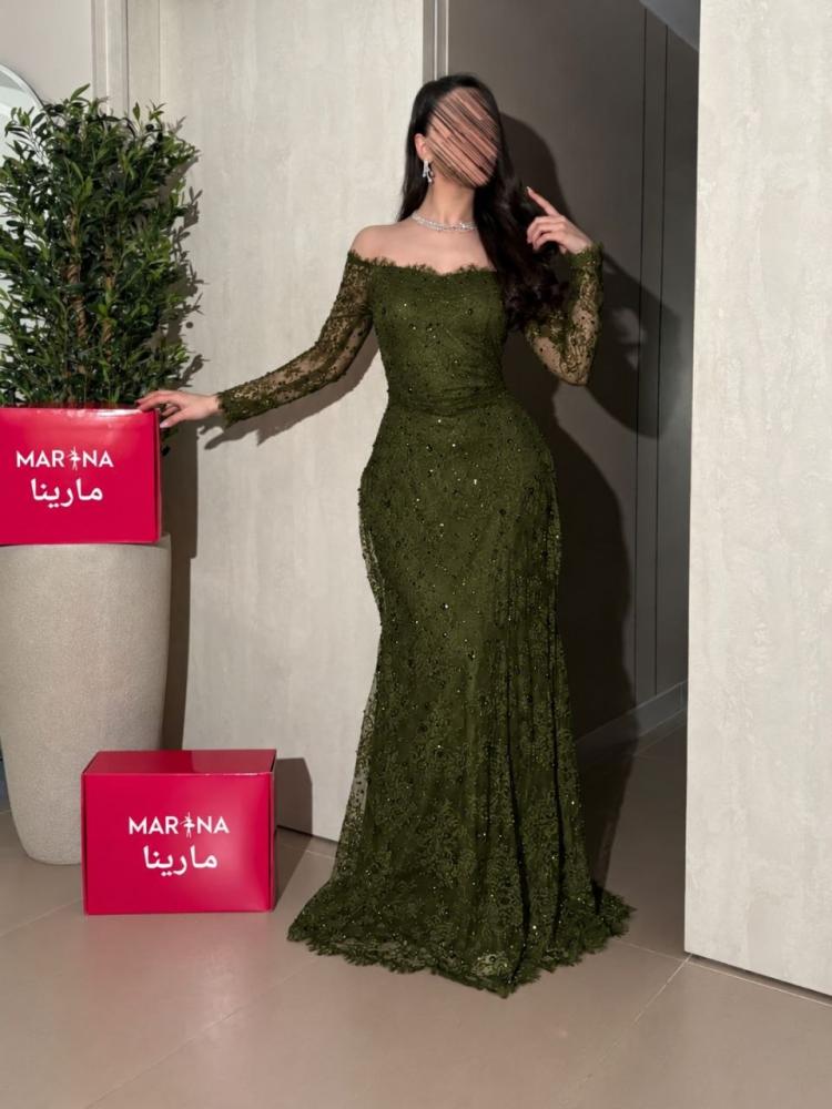 فستان ساتينيك (فستان زيتي دانتيل فرنسي مع الخرز)