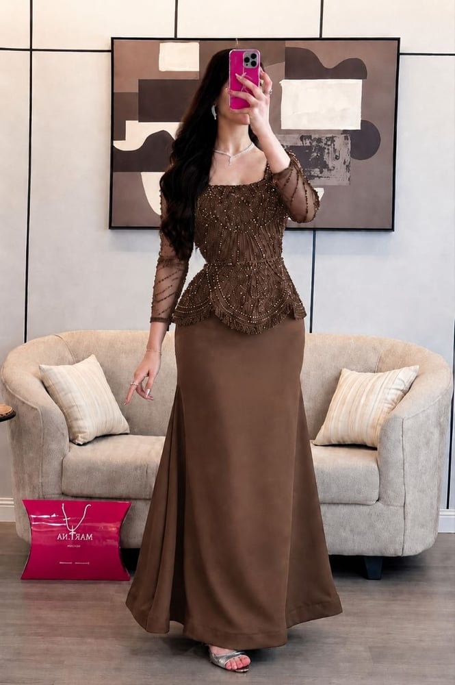 فستان الهام (فستان  بني  باربي مع تطريز يدوي)