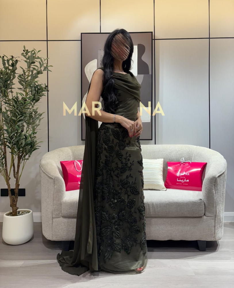 Moura's dress (an olive-green dress with beading and a shawl beside a georgette)
