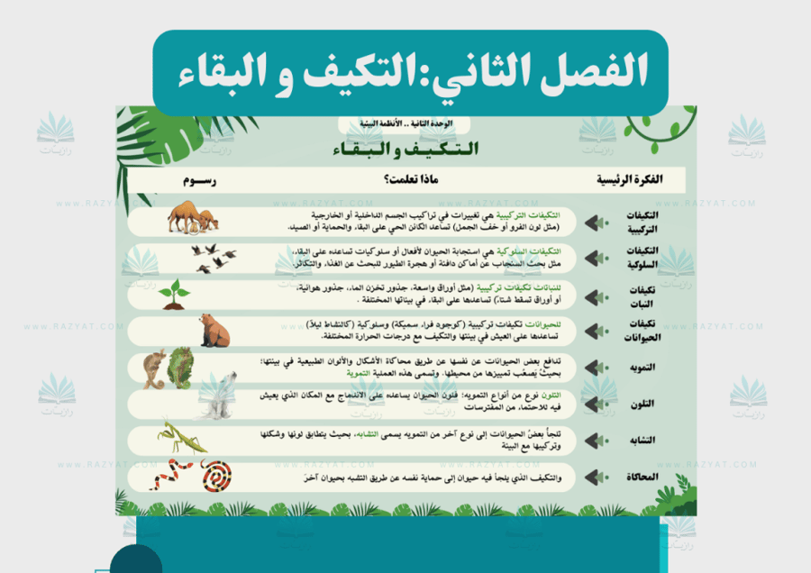 معاينة الثالثة مطوية التكيف و البقاء علوم خامس ابتدايي جاهزة للطباعة