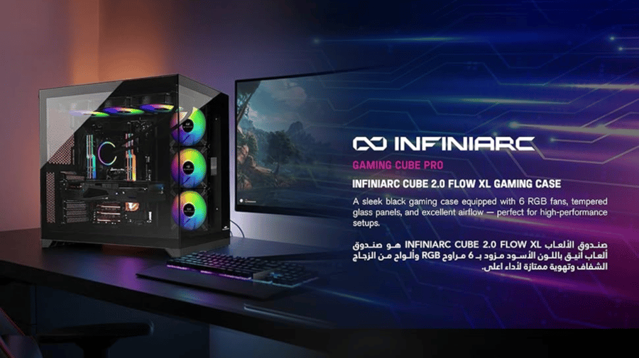 جهاز ألعاب INFINIARC Cube Pro 5070 12GB – معالج AMD Ryzen 7 7800X3D، B650، رسومات GDDR7، DDR5 16GB، SSD NVMe 1TB، مبرد سائل، Windows PRO، طاقة Corsair 750W (أسود)