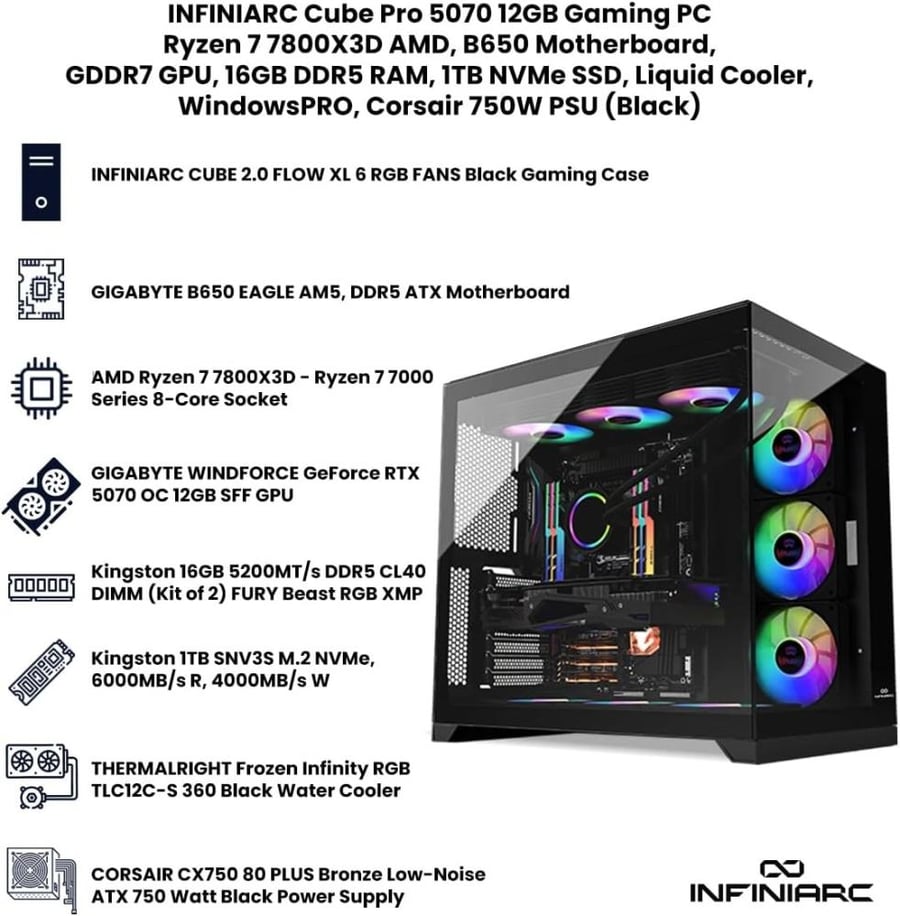 جهاز ألعاب INFINIARC Cube Pro 5070 12GB – معالج AMD Ryzen 7 7800X3D، B650، رسومات GDDR7، DDR5 16GB، SSD NVMe 1TB، مبرد سائل، Windows PRO، طاقة Corsair 750W (أسود)