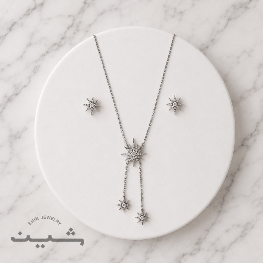 طقم سلسال وحلق نجمة متدلية فضية