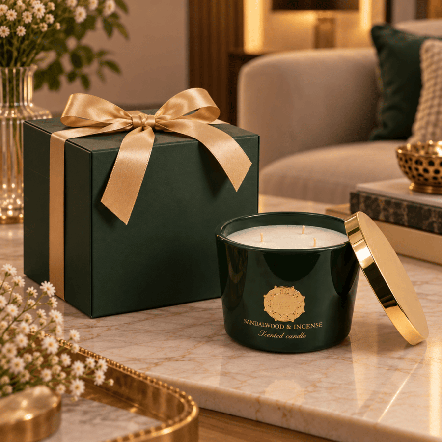 شمعة معطرة برائحة خشب العود بـ3 فتائل