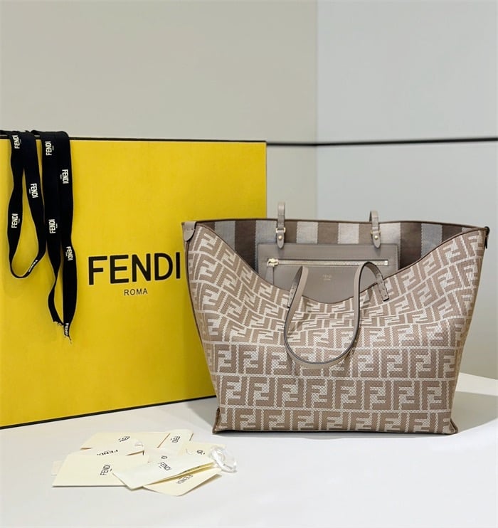 FENDI Roll Large Reversible Shopper In Pequin Striped And Dove Gray Ff Fabric
