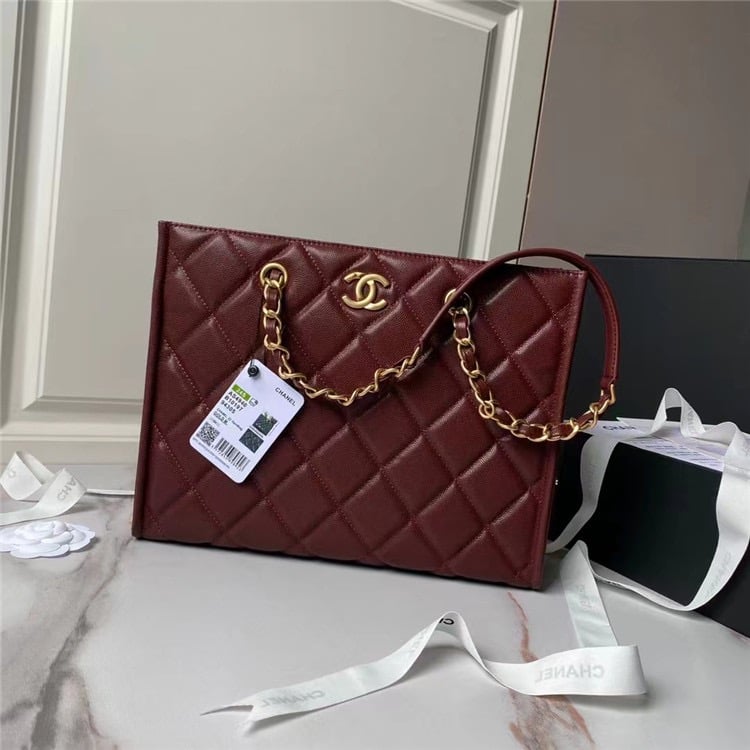 CHANEL Small Shopping Bag Grained Calfskin Gold Tone Metal