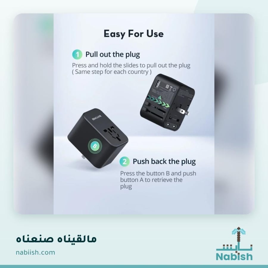 فيش سفر راف باور بقوة 65 واط متعدد المداخل مع منفذين تايب سي ومنفذ USB - اسود