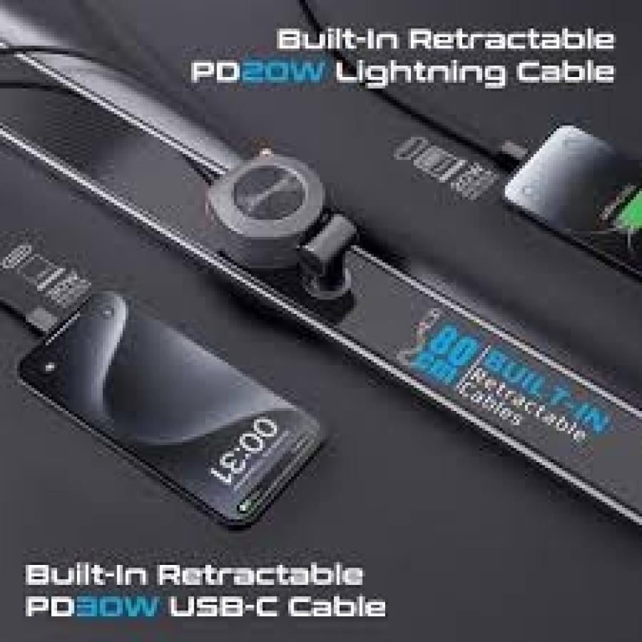 أفضل شاحن carwithcable سيارة متعدد المنافذ بقدرة 88 واط يأتي مع كابلين USB-C و لايتنينغ مدمجين وقابلين للسحب مع منفذ USB-C بقوة 20 واط و منفذ USB-A بقوة 18 واط - Promate DriveGear-R2