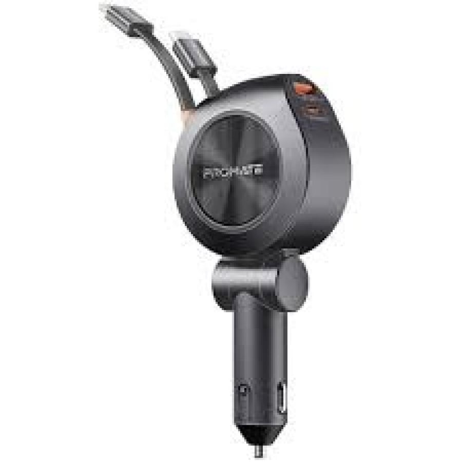 أفضل شاحن carwithcable سيارة متعدد المنافذ بقدرة 88 واط يأتي مع كابلين USB-C و لايتنينغ مدمجين وقابلين للسحب مع منفذ USB-C بقوة 20 واط و منفذ USB-A بقوة 18 واط - Promate DriveGear-R2
