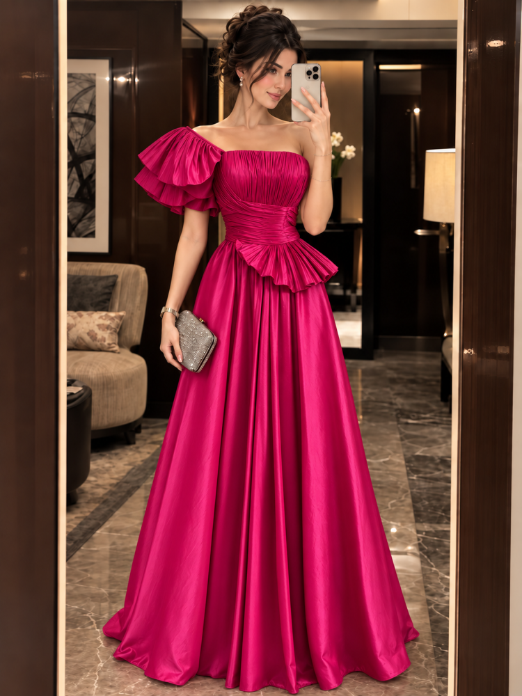 فستان وردي صارخ بتصميم فاخر