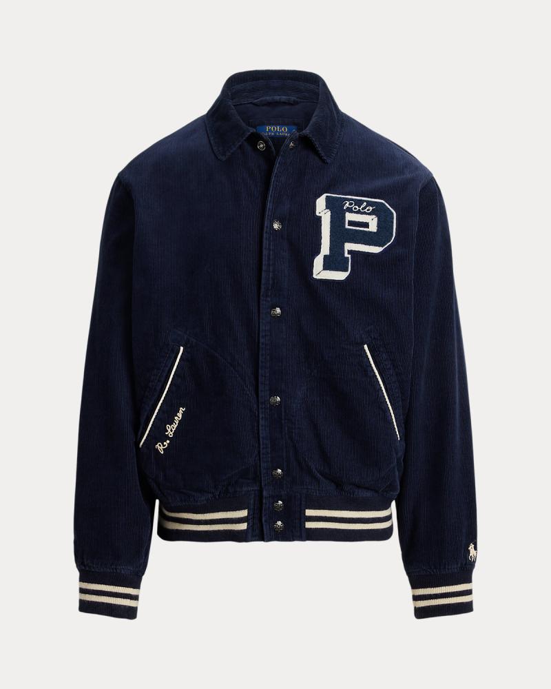 Polo Ralph Lauren Letterman back logo heavyweight cord varsity bomber jacket in navy