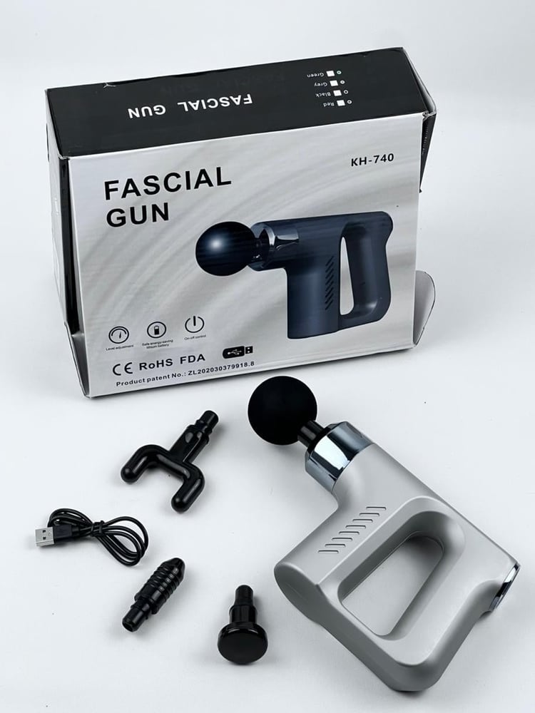 جهز مساج Fascial Gun KH-740، جهاز محمول مصمم لتخفيف آلام العضلات وتنشيط الدورة الدموية من خلال التدليك بالاهتزاز.