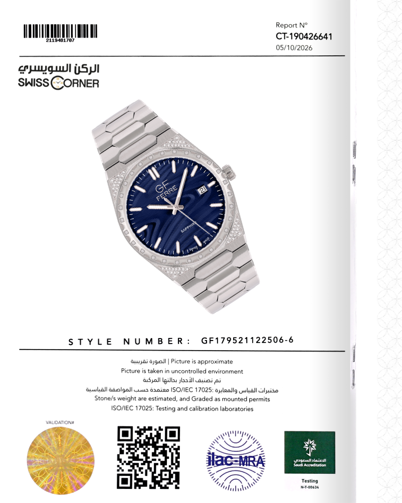 ساعة الماس رجالية صناعة سويسرية ماركة جي اف فضي مينا ازرق موديل GFSSBL122506G
