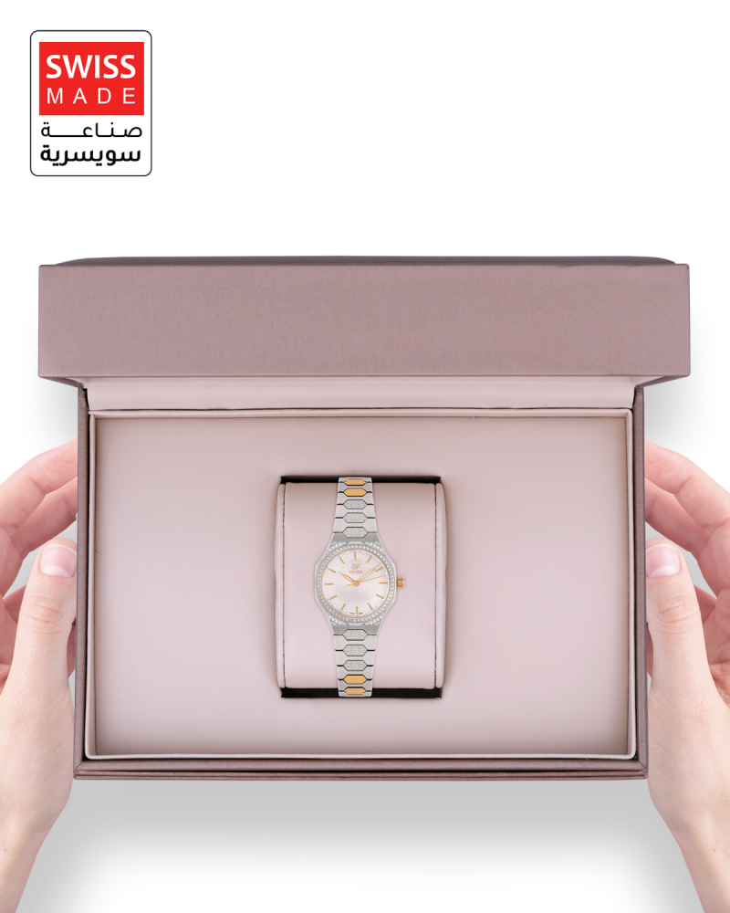 ساعة الماس نسائية صناعة سويسرية ماركة جي اف فيرري فضي ذهبي مينا ابيض GFTTGPW6017L