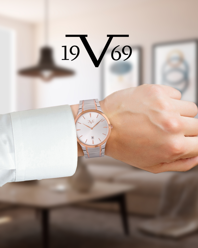 ساعة رجالية ماركة V19.69 فضي روز مينا فضي موديل V-QS829GTR