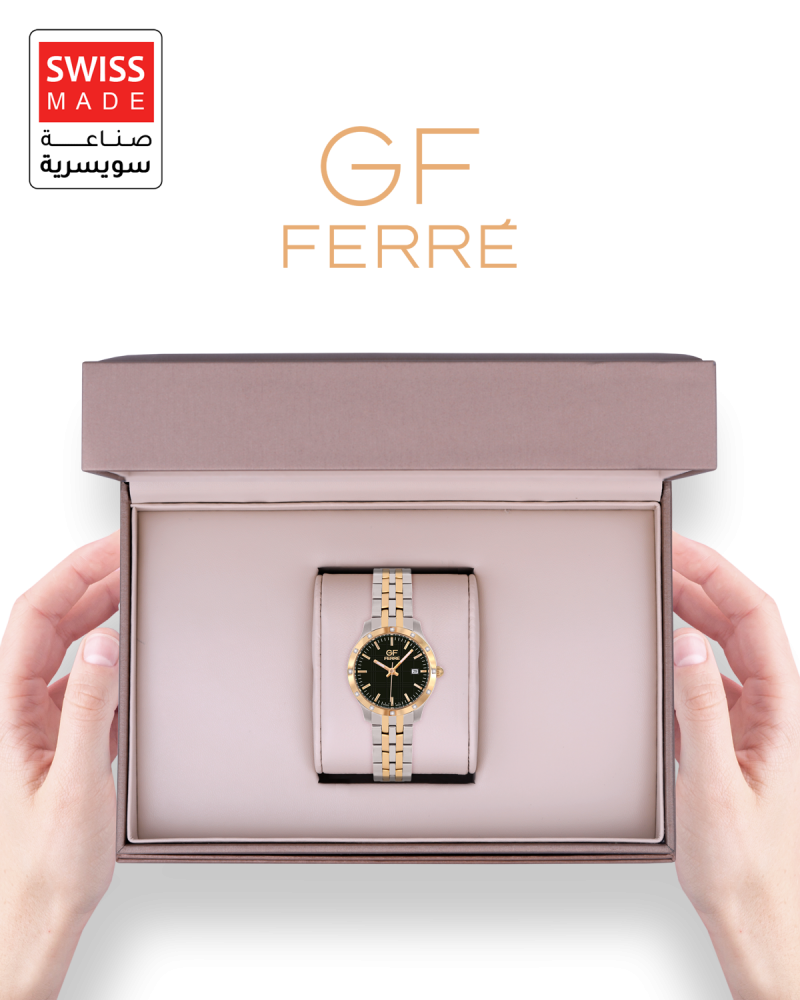 ساعة الماس نسائية صناعة سويسرية ماركة جي اف فيرري ذهبي مينا اسود موديل GFSG3212