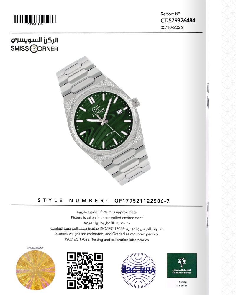 ساعة الماس رجالية صناعة سويسرية ماركة جي اف فضي مينا اخضر موديل GFSSGR122506G