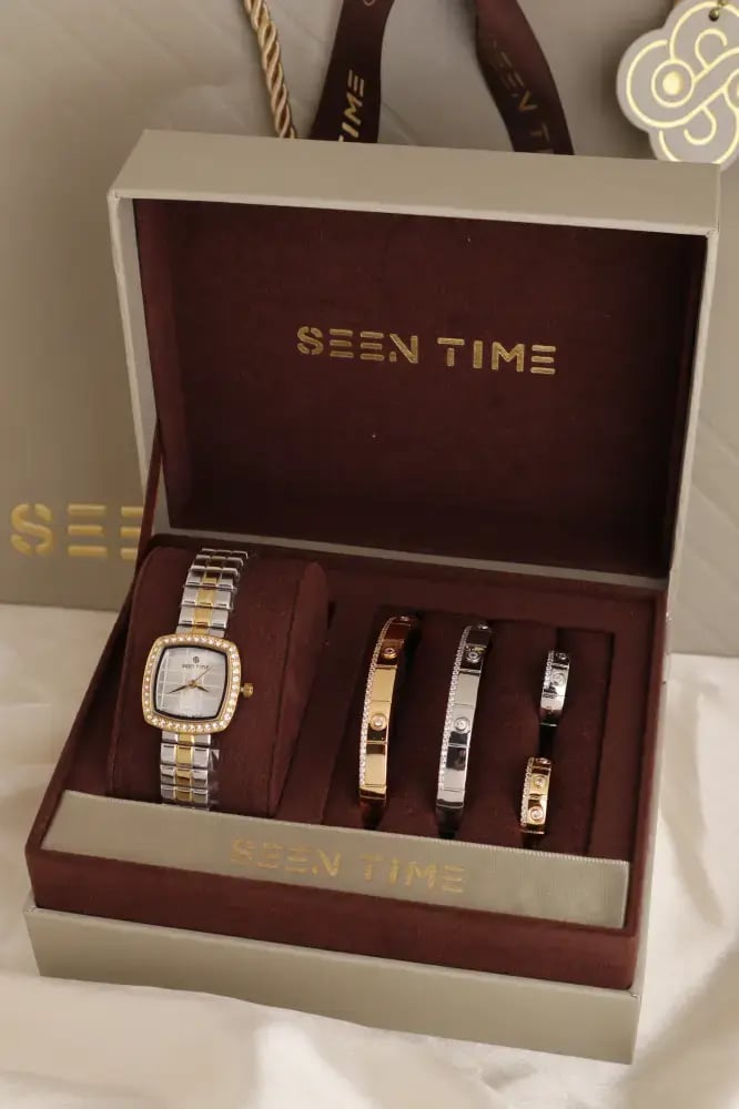 طقم ساعة نسائية SEEN TIME مربع لونين ميناء فضي