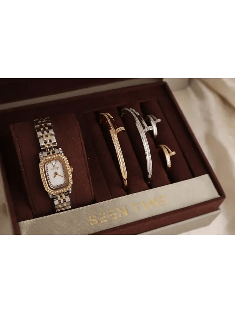 طقم ساعة نسائية SEEN TIME مرصعة لونين بميناء أبيض
