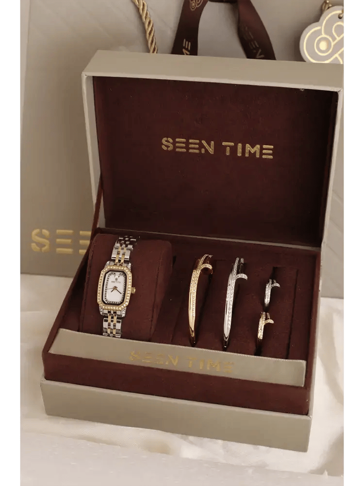 طقم ساعة نسائية SEEN TIME مرصعة لونين بميناء أبيض