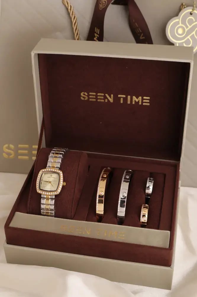 طقم ساعة نسائية SEEN TIME مربعة لونين بميناء ذهبي