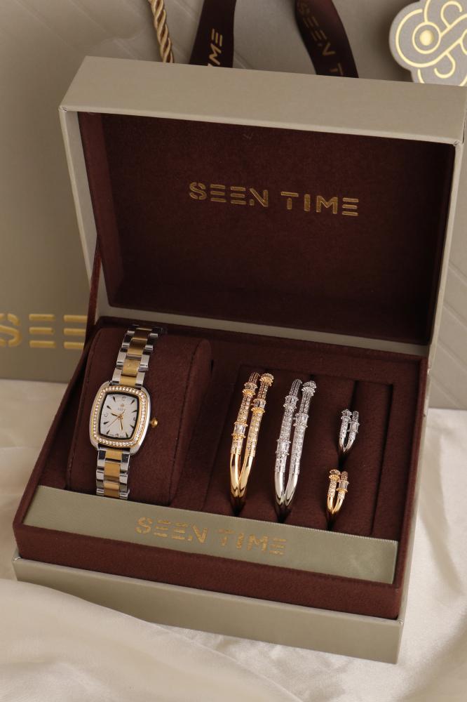 طقم ساعة نسائية SEEN TIME مستطيلة لونين بميناء أبيض