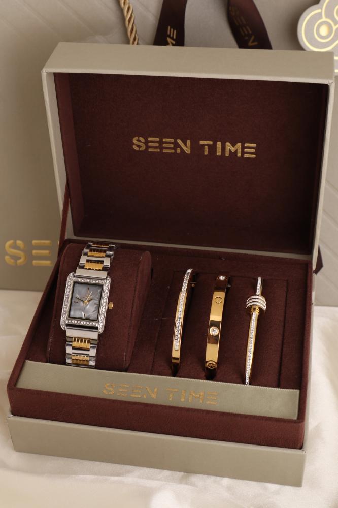طقم ساعة نسائية SEEN TIME مستطيلة لونين بميناء رمادي