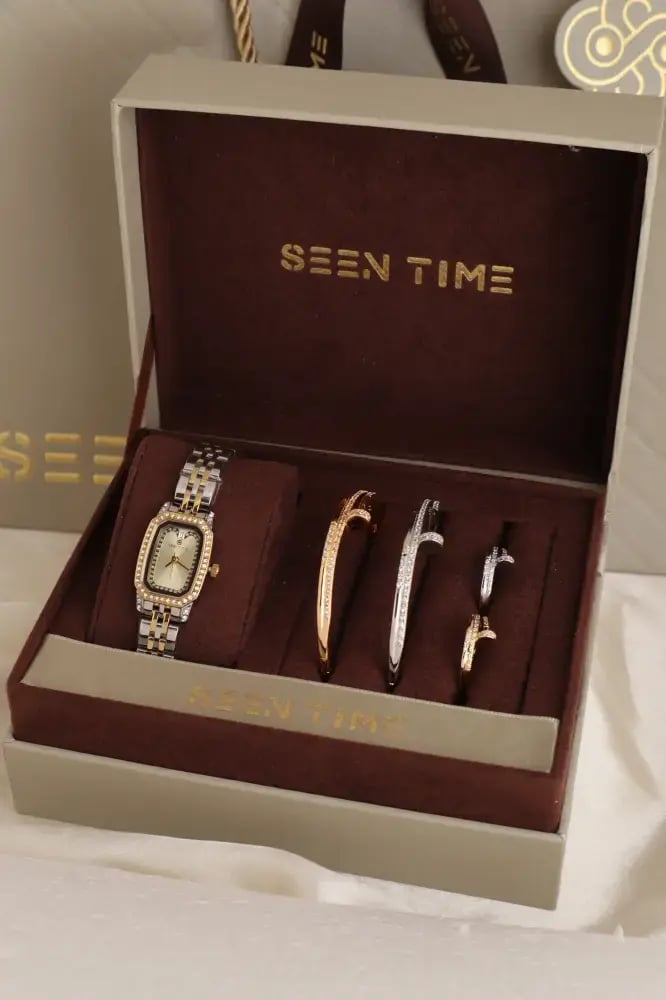 طقم ساعة نسائية SEEN TIME مرصعة ثنائي اللون بميناء ذهبي