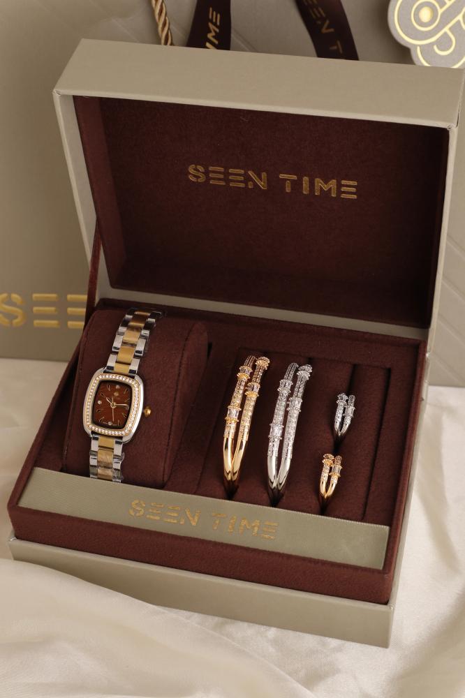 طقم ساعة نسائية SEEN TIME مستطيلة لونين ميناء بني