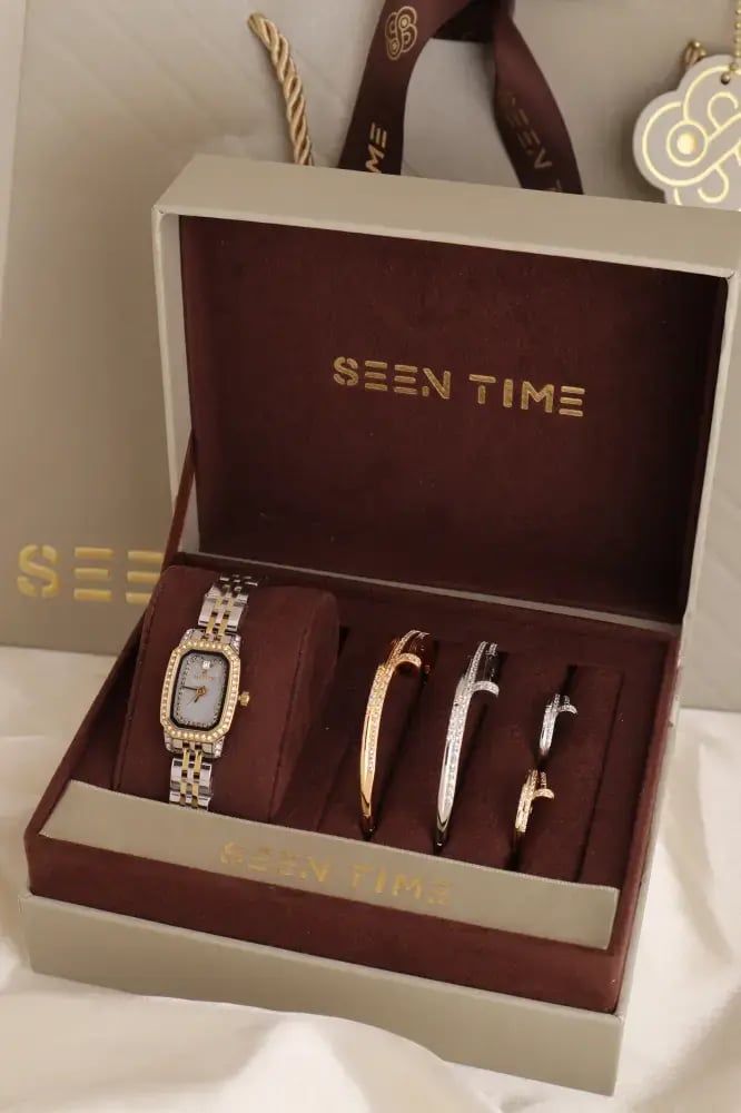 طقم ساعة نسائية SEEN TIME مرصعة لونين بميناء رمادي