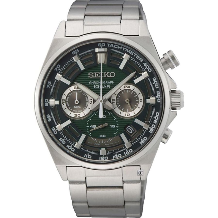 Seiko Five Chronograph watch with dual-color tachymeter, stainless steel, Ssb380P1