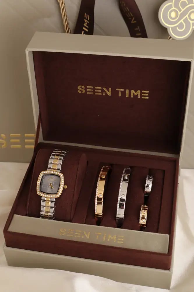طقم ساعة نسائية SEEN TIME مربع لونين بميناء رمادي