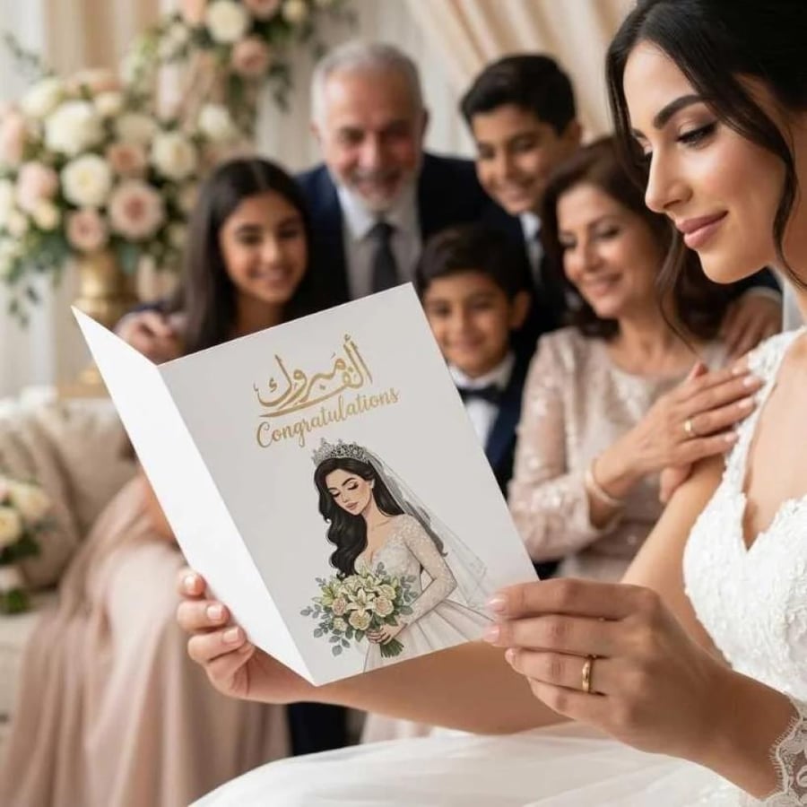 بطاقة تهنئة زفاف بالعربي والإنجليزي، تصميم عروس مع ظرف مرفق ألف مبروك Congratulations, تصميم عروس أنيق, خط ذهبي, مناسبة الزواج, مطبوعة بجودة عالية