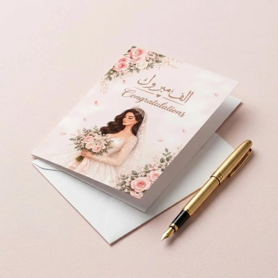 بطاقة تهنئة زواج أنيقة للعروس مع ظرف أبيض – تصميم "ألف مبروك / Congratulations" لعقد القران والمناسبات