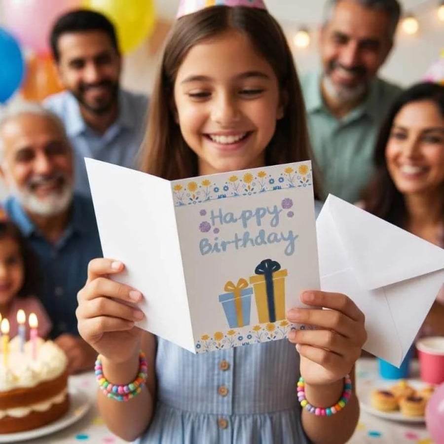 بطاقة تهنئة عيد ميلاد مع مظروف، تصميم هدايا وزهور نص Happy Birthday, تصميم ملون, مظروف مرفق, زخارف زهرية, مناسبة للجميع
