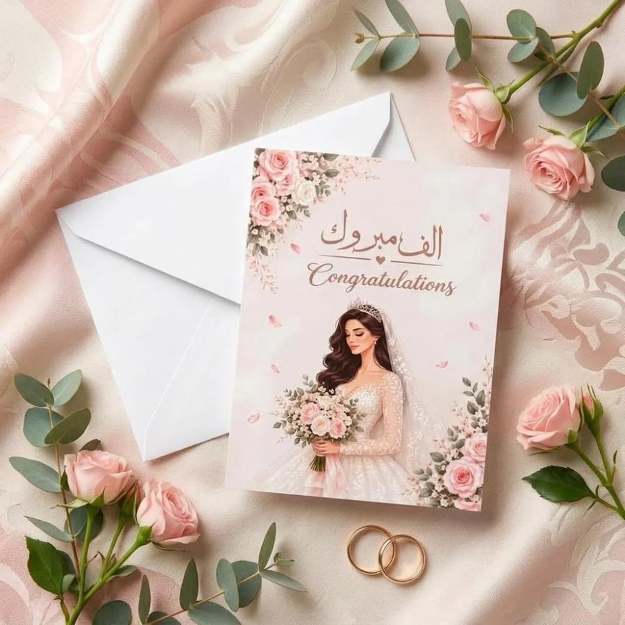 بطاقة تهنئة زواج أنيقة للعروس مع ظرف أبيض – تصميم "ألف مبروك / Congratulations" لعقد القران والمناسبات