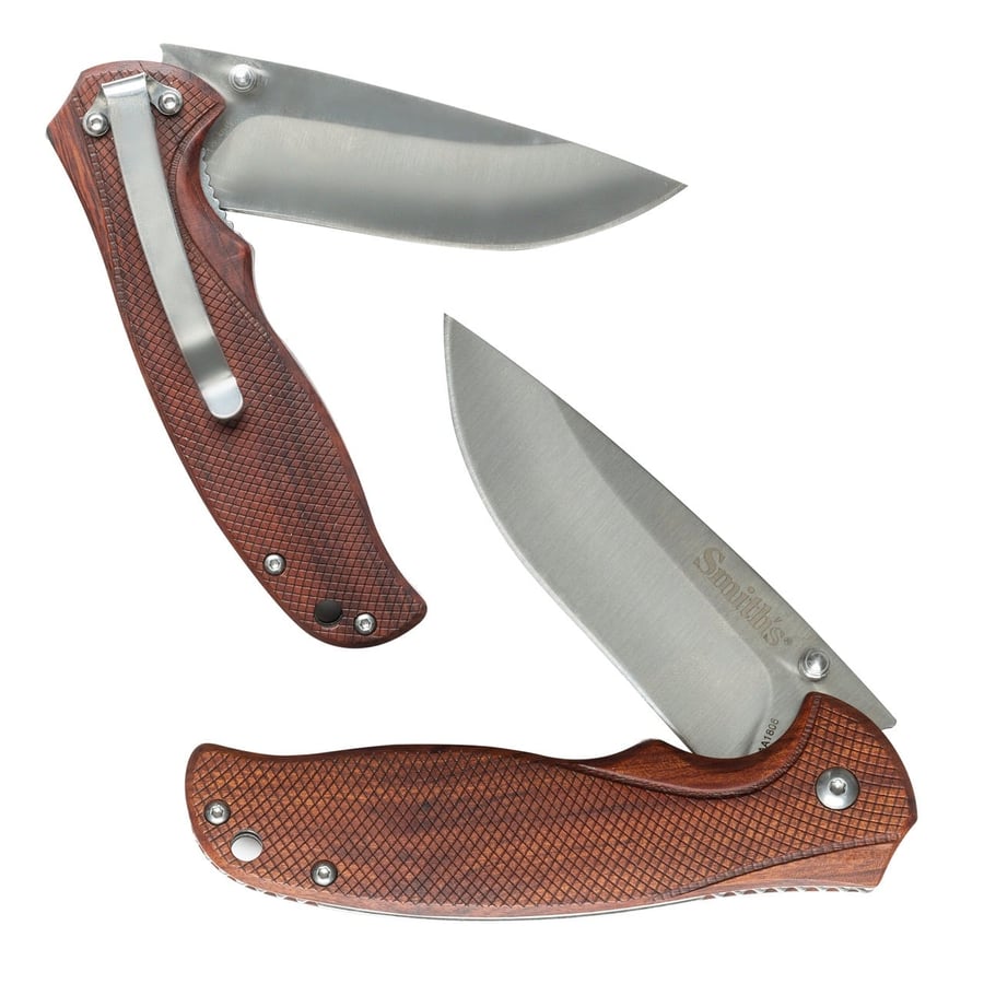 Brochure "Smith’s Adaha" with wooden handle – "American precision and steel durability" 420 stainless steel blade with satin finish, natural wooden handle, and custom design for daily use
