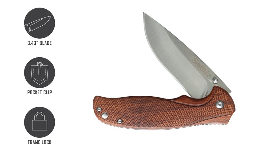 Brochure "Smith’s Adaha" with wooden handle – "American precision and steel durability" 420 stainless steel blade with satin finish, natural wooden handle, and custom design for daily use