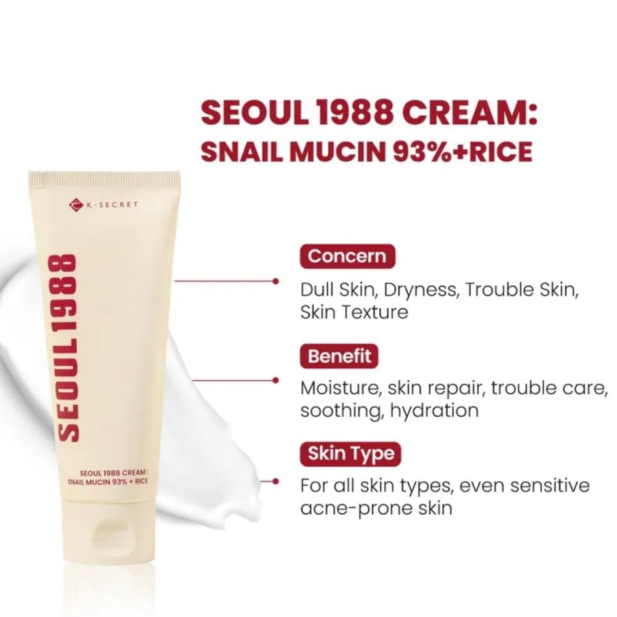 ‏KSECRET - SEOUL 1988 Cream : Snail Mucin 93% + Rice كريم: 93% مخاط الحلزون + الأرز