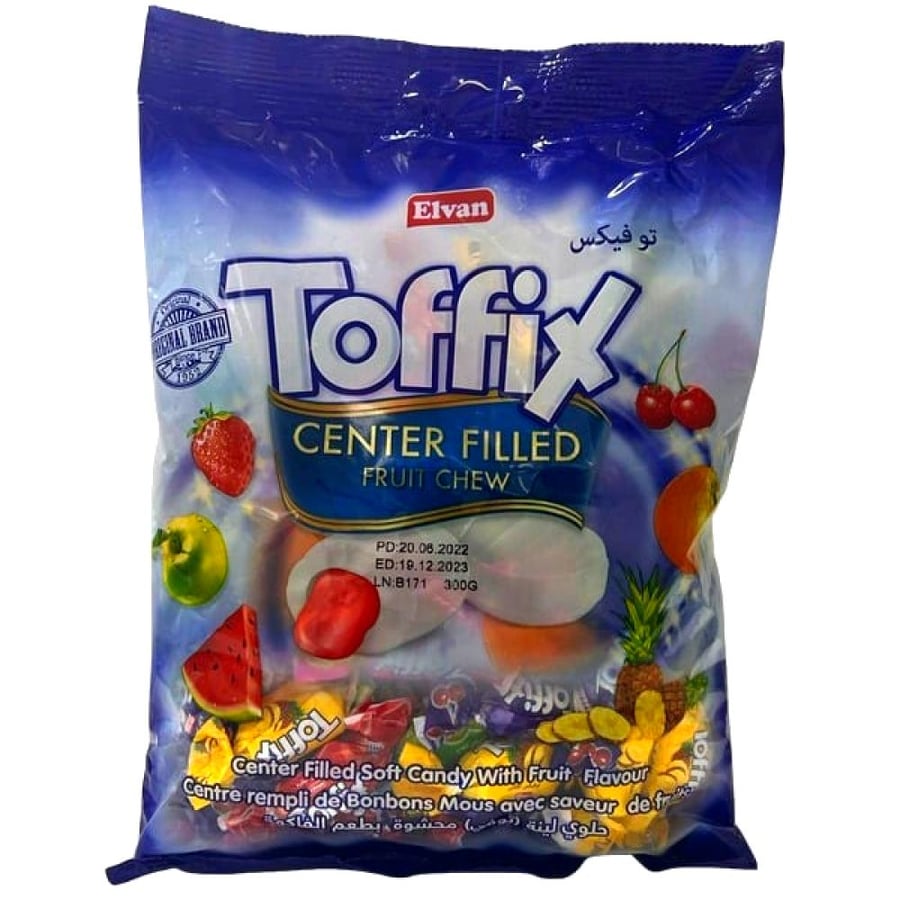 Soft toffee candy filled with fruit flavor, Toffix, from Alfan, 250 grams