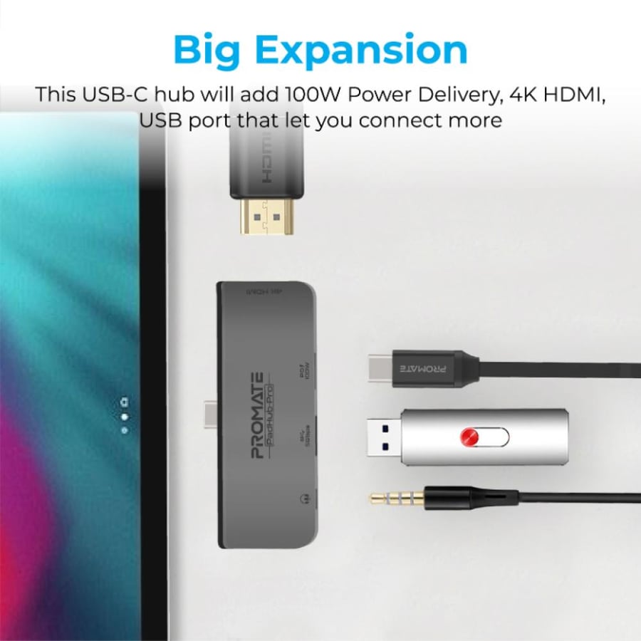 موزع وسائط متعددة يو اس بي سي 4 في 1 بقدرة 100 واط لتوصيل الطاقة ومنفذ HDMI بدقة 4K مع منفذ USB 3.0 بسرعة 5 جيجابت في الثانية مع دعم التوصيل والتشغيل - بروميت - Promate PadHub-Pro