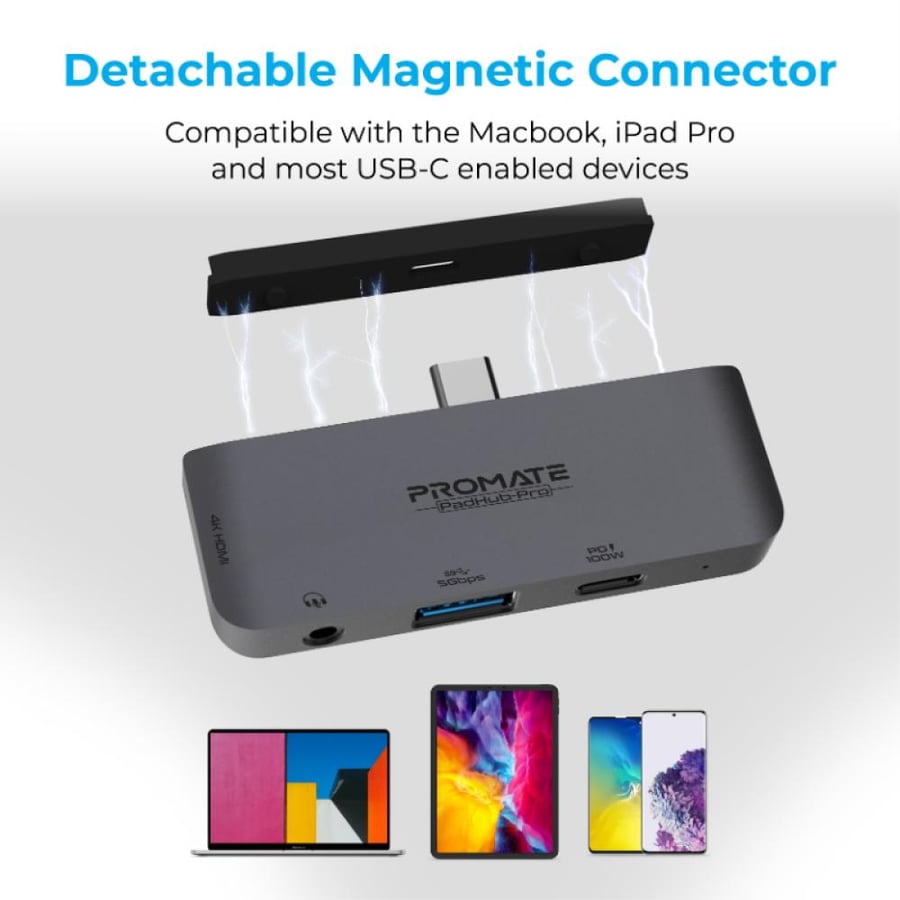 موزع وسائط متعددة يو اس بي سي 4 في 1 بقدرة 100 واط لتوصيل الطاقة ومنفذ HDMI بدقة 4K مع منفذ USB 3.0 بسرعة 5 جيجابت في الثانية مع دعم التوصيل والتشغيل - بروميت - Promate PadHub-Pro