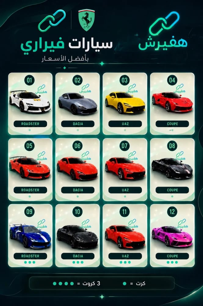 كرت سيارة ببجي | كروت سيارات ببجي فيراري
