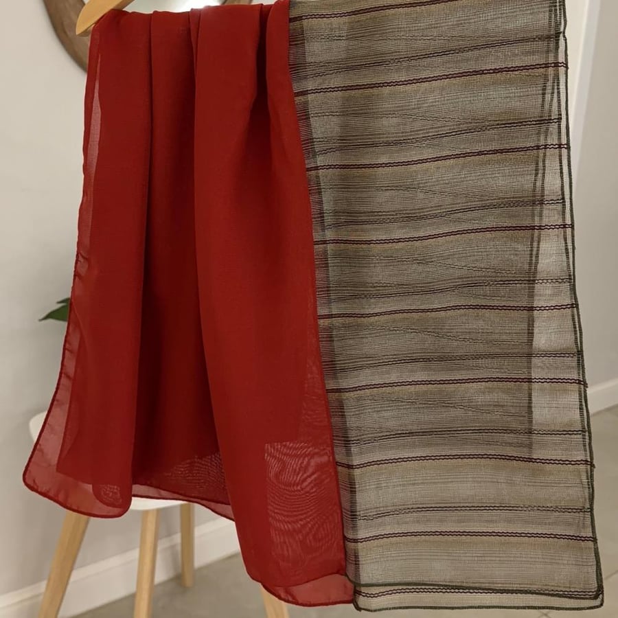 Red & Striped Taupe Veil Scarf