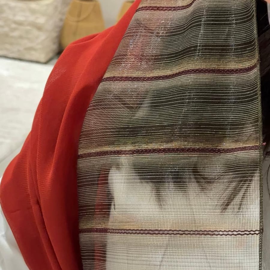 Red & Striped Taupe Veil Scarf