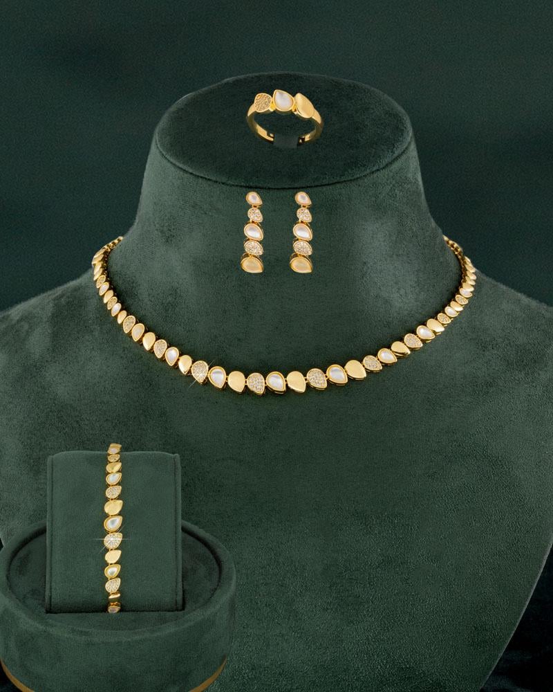 Gold Zircon Jewelry Set with Pearl Drops | Evening Elegance
