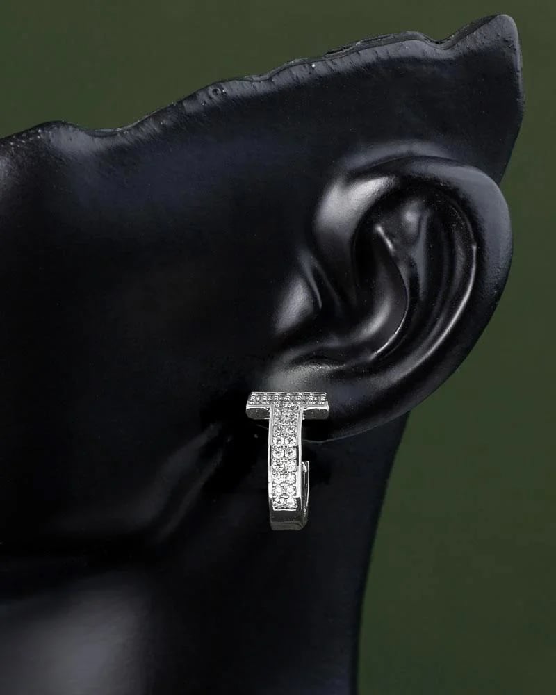 Zircon-Studded Silver T Earrings