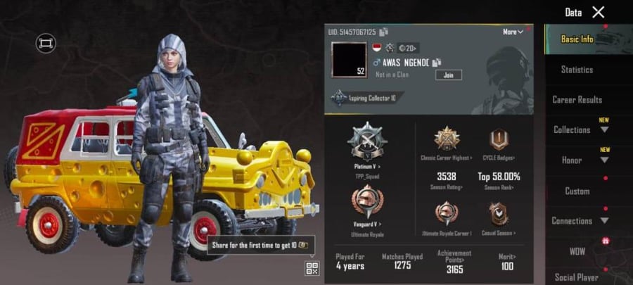 حساب ببجي عالمية لفل 52/ اسيا بلاتينيوم ( سيزون c9s25 )/ ربط ايميل